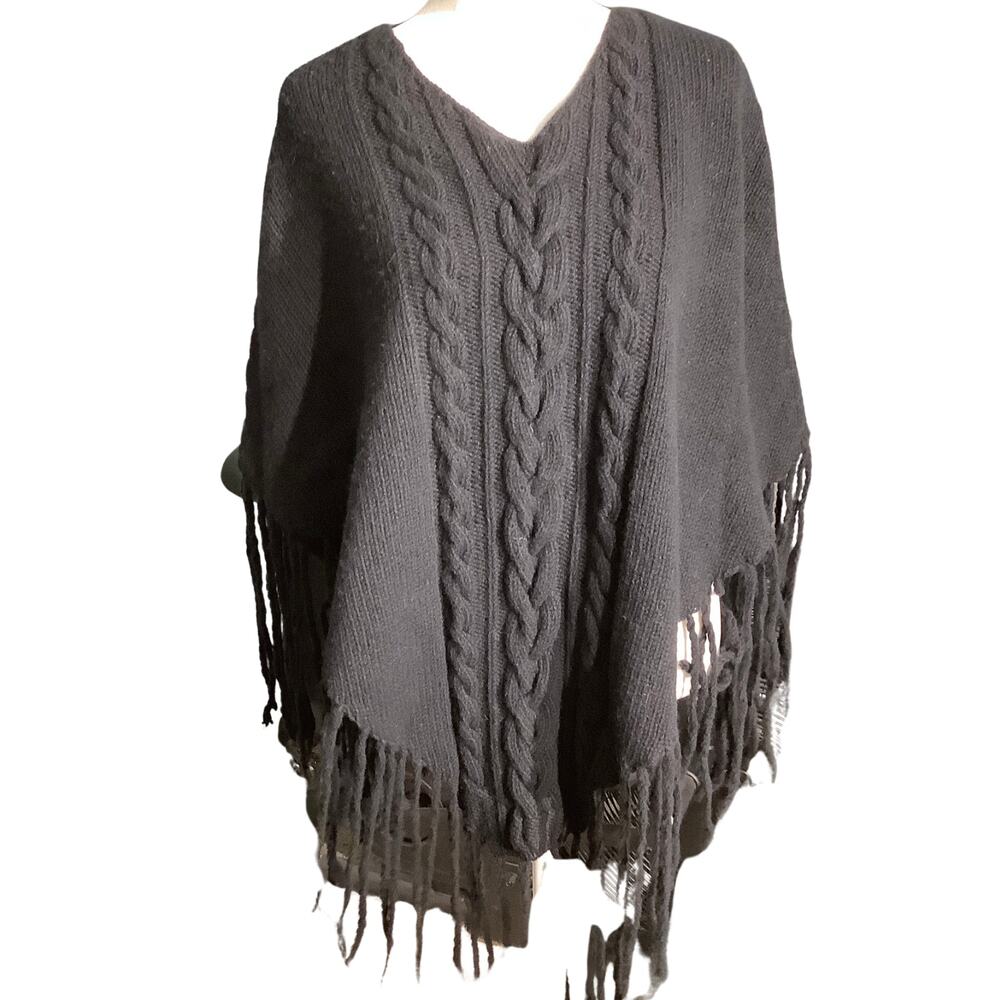 Burberry Black Wool Cashmere Blend Poncho One Size — Luxury, Fringe, Cable Knit